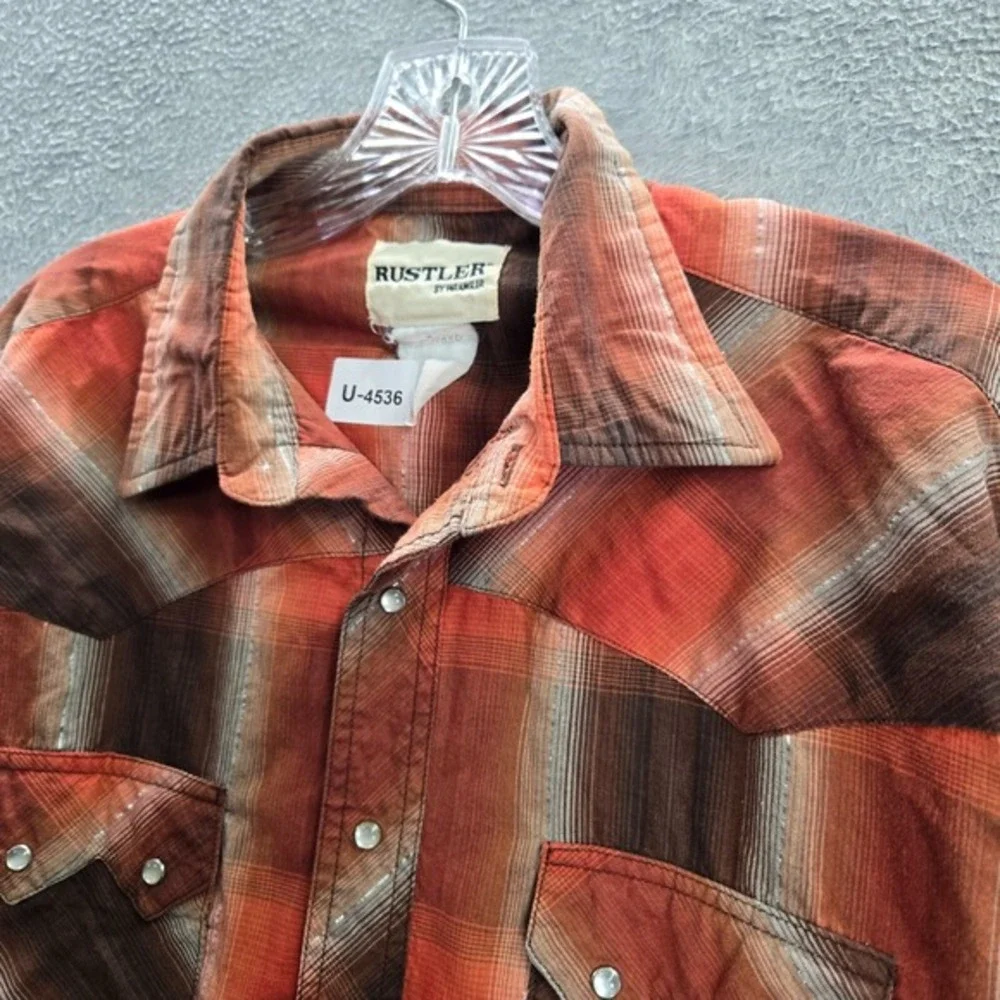 Wrangler‎ Rustler Men Button Up Shirt XL Orange Plaid Western Pearl Snap